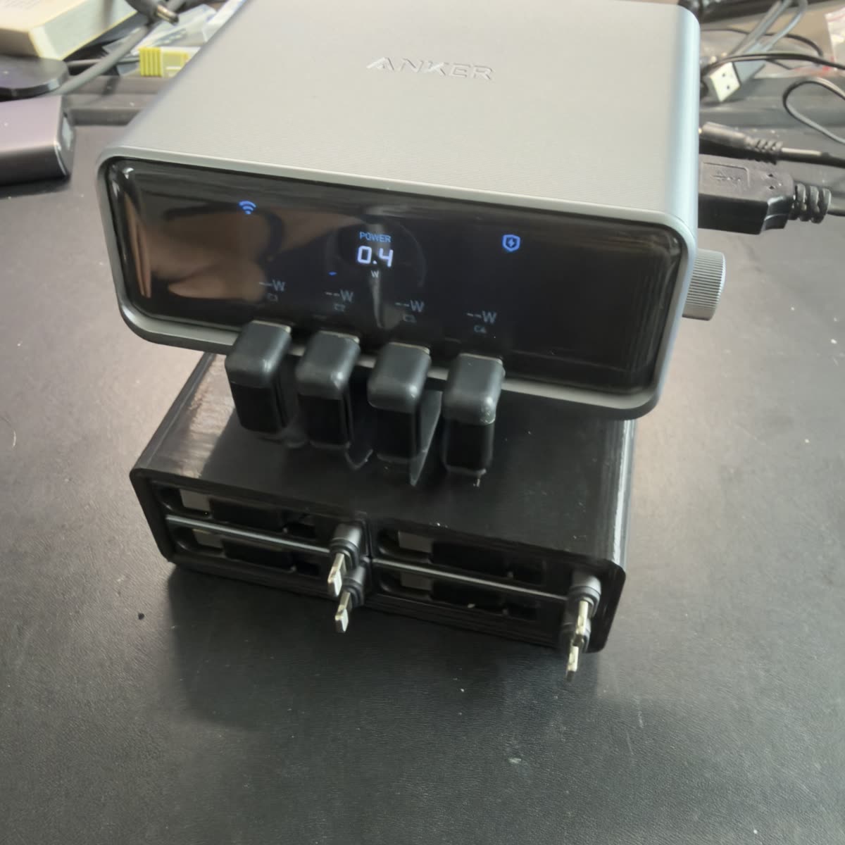 Angled view of the Anker Prime charging station addon with cable modules installed.