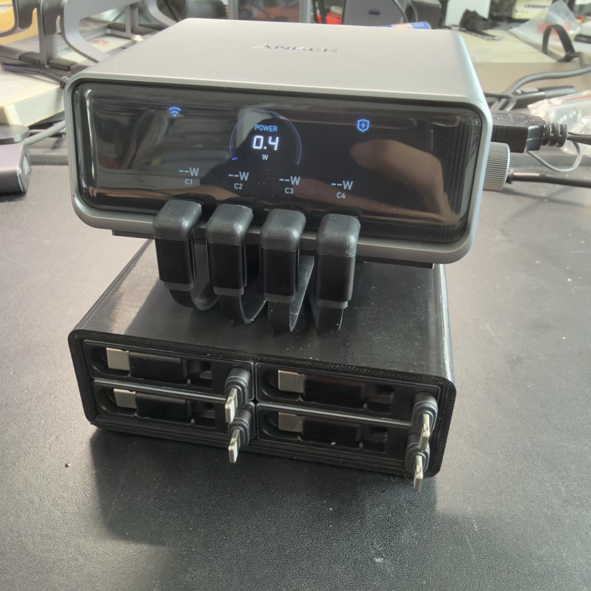 Close front view of the Anker Prime charger and cable management addon.